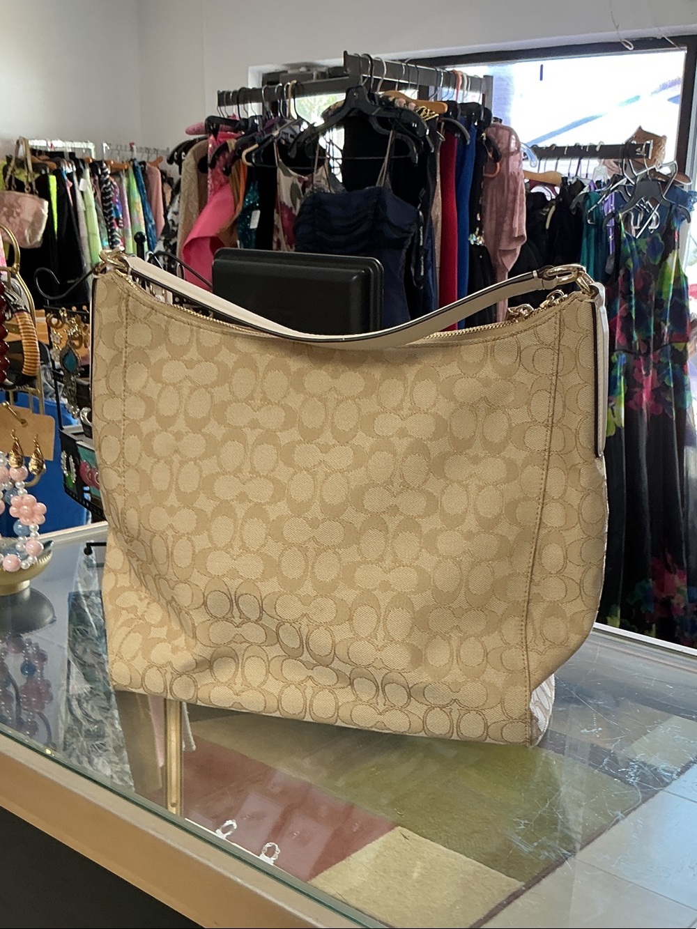 Coach Beige Signature Canvas Shoulder Bag